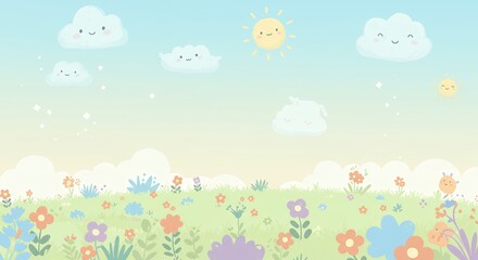 Pastel meadow landscape with flowers