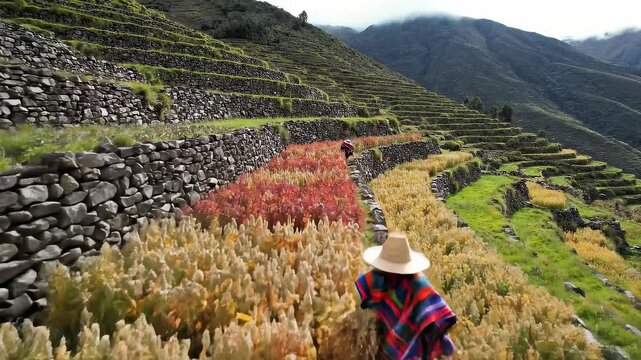 Terraced Fields of Quinoa in the Andes Mountains Peru.