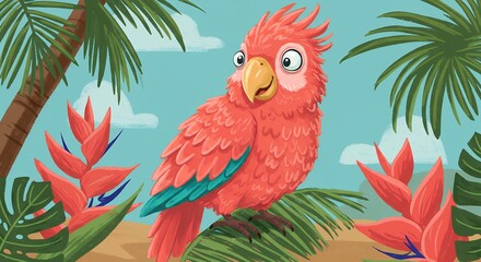 Pink parrot in tropical setting