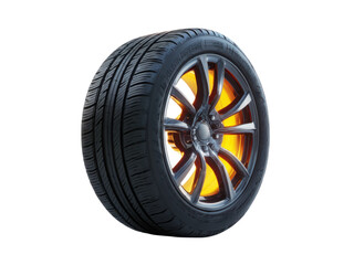 Obraz premium Black tire with glowing orange spokes wheel automotive, Isolated, Png Transparent Background