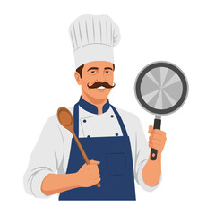 Vector Chef Illustration | Professional Cook with Pan and Spoon, Flat Minimal Style, White Background