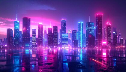Futuristic neon city skyline at dusk