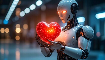 a Futuristic robot holding glowing red heart, symbolizing artificial intelligence