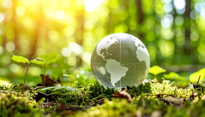 a globe on the ground in the forest and sunny bright green background