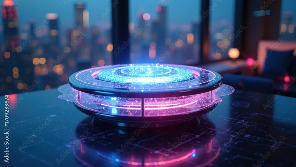 Fototapete a futuristic, circular device with vibrant neon lights, showcasing a dynamic display of glowing part