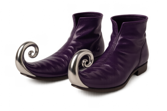 Pair of purple elf shoes with curly toes on transparent background