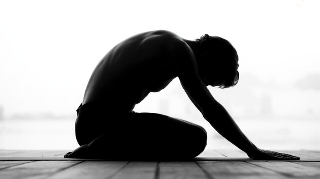 Silhouette yoga pose black and white photography for wellness and flexibility training stretching exercise 100 - Powered by Adobe