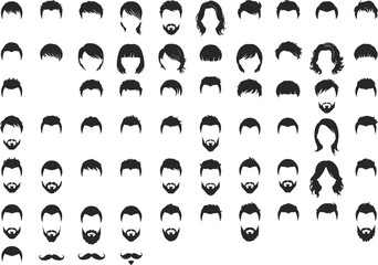 Vector Set of Male Hair and Beard Silhouettes – Black Icons Featuring Diverse Hairstyles, Mustaches, and Facial Hair Styles for Grooming and Design Use