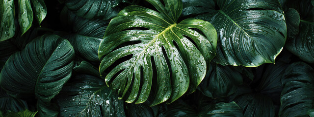 Obraz premium Banner of Lush Tropical Leaves with Water Droplets Reflecting Nature's Beauty and Serenity