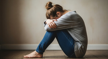 side view young white american woman sitting lonely stressed and sad 16 9 ratio