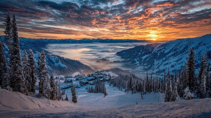 Winter sunrise over snowy mountains