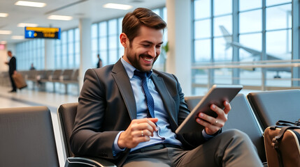 Airport Terminal Flight Wait: Smiling Businessman Uses Digital Tablet Computer for e-Business, Browsing Internet with App. Traveling Entrepreneur Work Online, Sitting in Boarding Lounge of Airline Hub