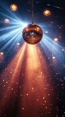 Vibrant disco ball illuminates a lively party scene with dynamic light beams and sparkling golden confetti creating an energetic atmosphere
