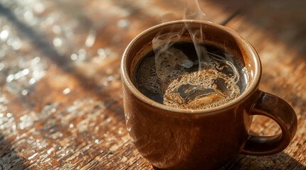 A close-up shot of a steaming mug of coffee on a rustic wooden table, bathed in warm sunlight creating a cozy and inviting atmosphere.