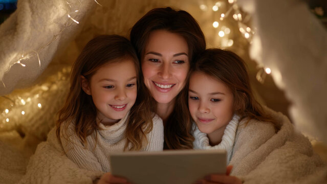 Family movie night with mother and two daughters watching tablet under warm blanket and cozy lights