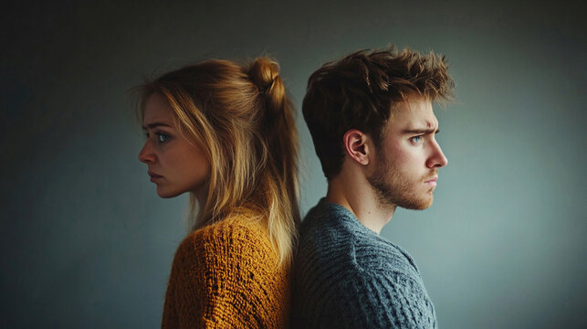 An unhappy young couple stands back to back, looking in opposite directions, symbolizing conflict and relationship problems. - Powered by Adobe