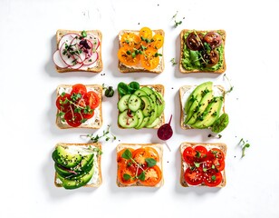 Colorful, assorted vegetable toasts arranged on a white surface