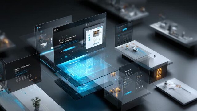 Technological Interconnection: Futuristic interface with interconnected screens, futuristic lines, symbolizing connectivity, innovation, digital realm. 