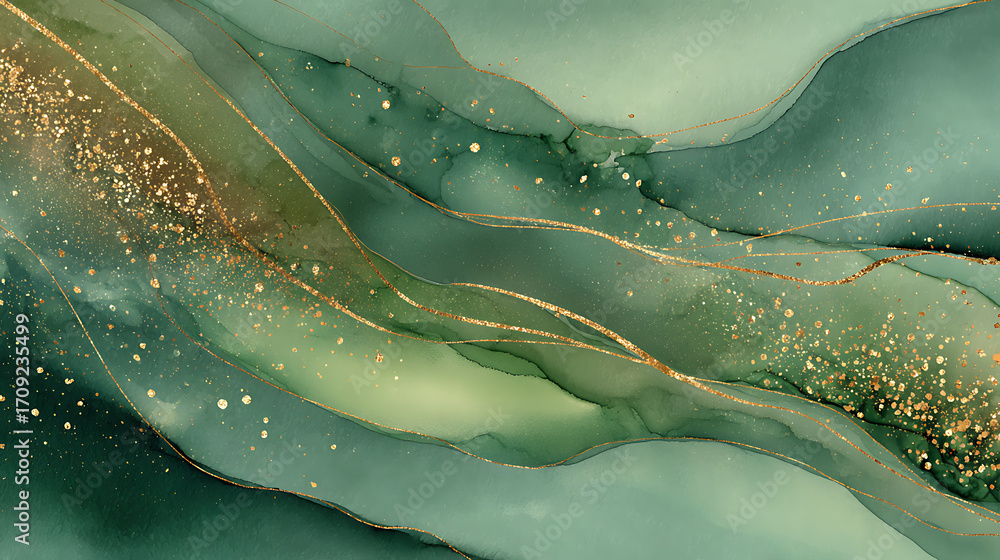 Poster depict a flowing sage green gradient layered with twinkling golden paths