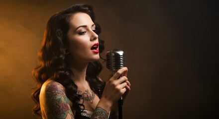 Woman singing into microphone