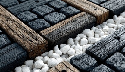 Dark stones and wood pavers with white gravel
