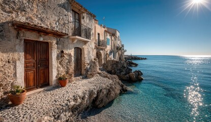 Coastal village houses clinging to rocks, sunlit