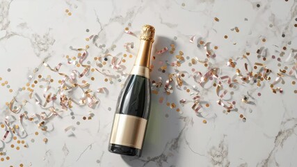Champagne bottle with golden blank label on marble surface with confetti decorations  