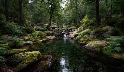 Tranquil forest stream. Lush greenery surrounds a clear, shallow stream