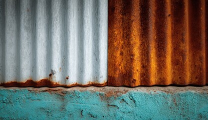 Rusted corrugated metal wall divided, with a teal base