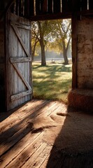 Sunlight streams through an old barn door