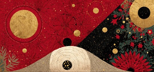 Abstract artwork with layered shapes in red, gold, black, and cream.  A textured, patterned composition features circular elements, floral designs, and a central mound-like form
