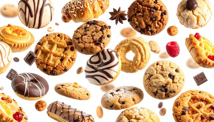 Assorted baked goods, cookies, pastries in mid-air against white