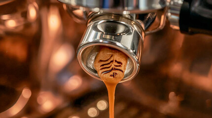Close-up shot of espresso crema with a leaf pattern being brewed from a portafilter, with a soft bokeh background.