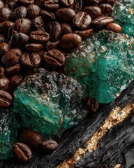 Emerald green crystals atop dark roasted coffee beans on a black wooden surface