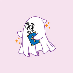 A friendly cartoon ghost character holding a blue magic book with a cross. A cute spooky illustration for Halloween or fantasy themes.