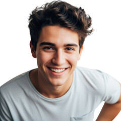 Smiling young man with tousled dark hair wearing a light t-shirt portrait
