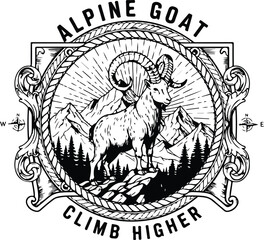"Alpine Goat on Mountain Peak – Inspirational Black and White Vintage Emblem with Compass and Radiant Sky