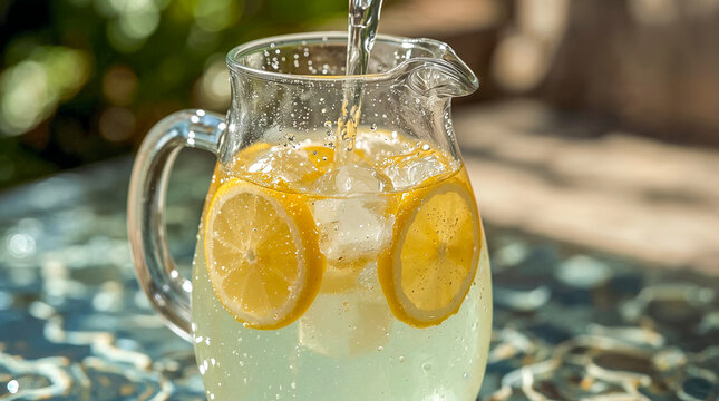 A glass pitcher filled with lemonade, ice cubes, and lemon slices, with water being poured into it, set against a blurred green and brown background. - Powered by Adobe