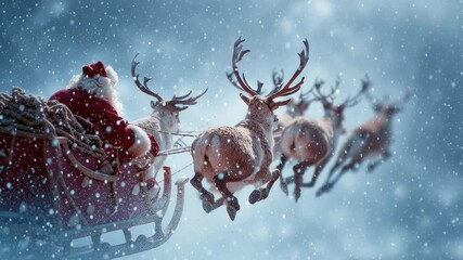 Santa Claus flying in sleigh with reindeer through snowy sky   - Powered by Adobe