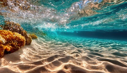 Underwater coral reef scene. Sunlight through turquoise water