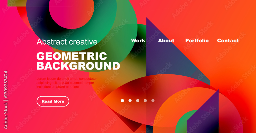 Poster vibrant geometric shapes overlap, creating colorful background. website header includes navigation, 