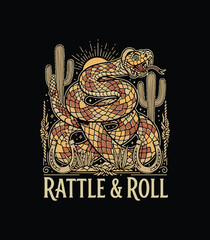 Rattlesnake Desert Illustration – Bold Snake Art with Cactus, Sunburst, and Rattle & Roll Text