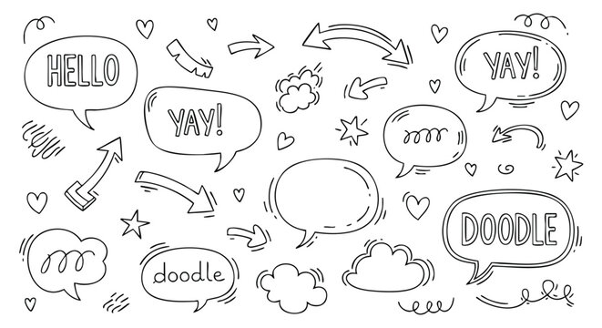 Fun hand drawn doodle design elements for creative projects hello yay message bubbles and arrows