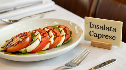 Elegant Insalata Caprese Served in a Cozy Restaurant Setting
