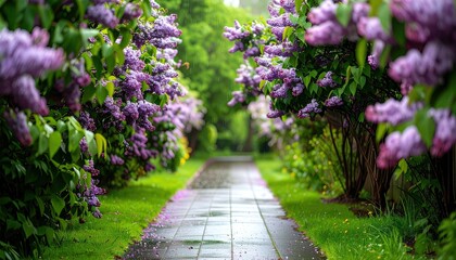 Wet Path Through Blooming Lilac Bushes on a Soft Pastel Sunrise in a Lush Green Orchard after Rain