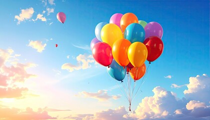 Colorful Balloons Floating in Blue Sky with Sunlit Clouds Celebration