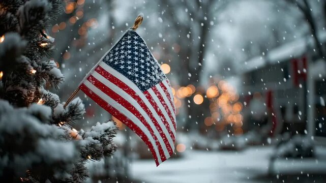 US flag waving in the snow by a decorated Christmas tree  