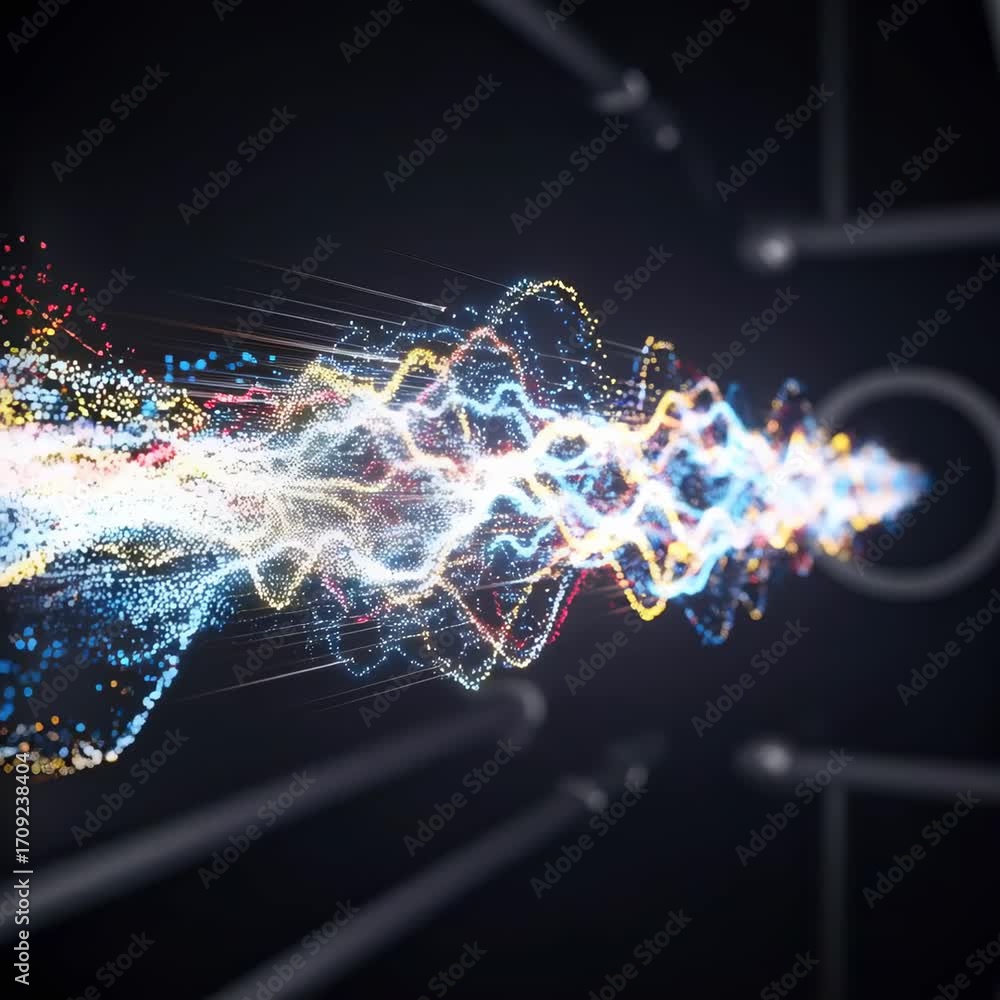 Poster dynamic colorful particles moving in waves on black, symbolizing gas flow delivery in an abstract di