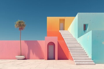 Pastel colored wall with minimal shadow and staircase