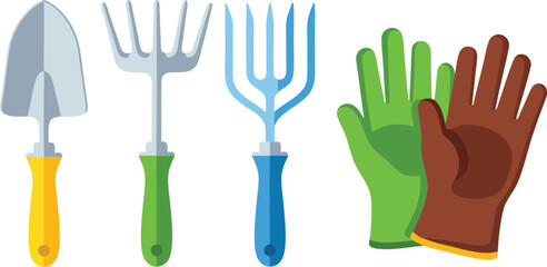 Garden Tools Set: Shovel, Fork, Gloves, Minimalist Illustration